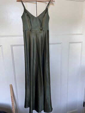 Birdy Grey Jay Dress Womens XS Long Formal Strappy Jay Shiney Satin Olive Prom